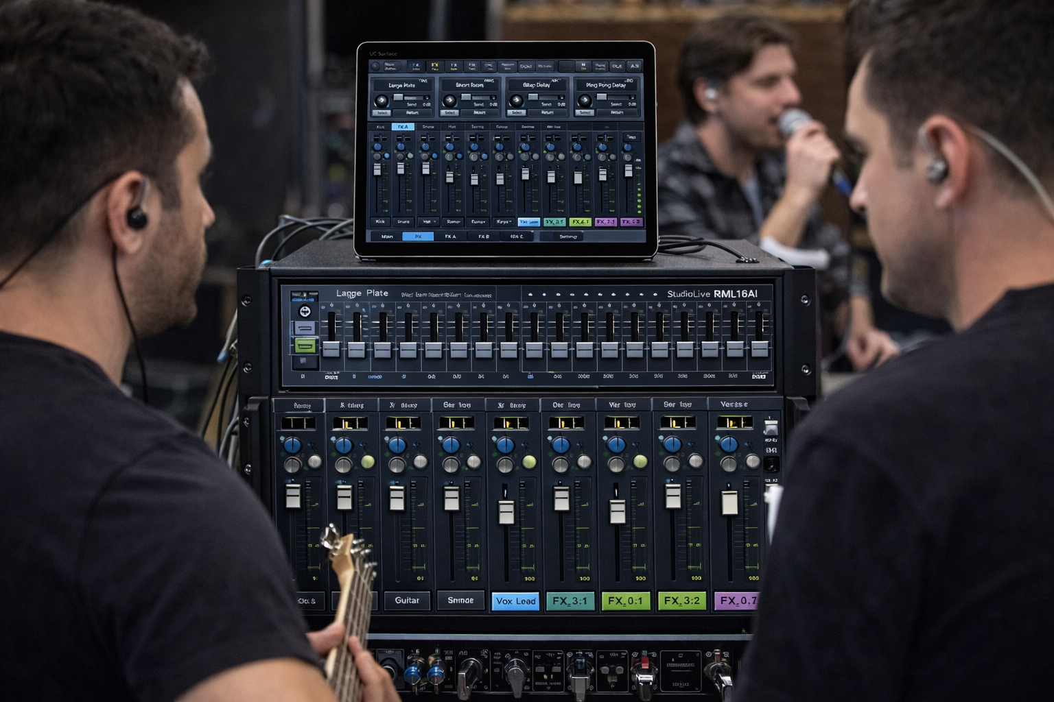 PreSonus StudioLive RML16AI rack mixer used for in-ear monitor mixing during live band rehearsal
