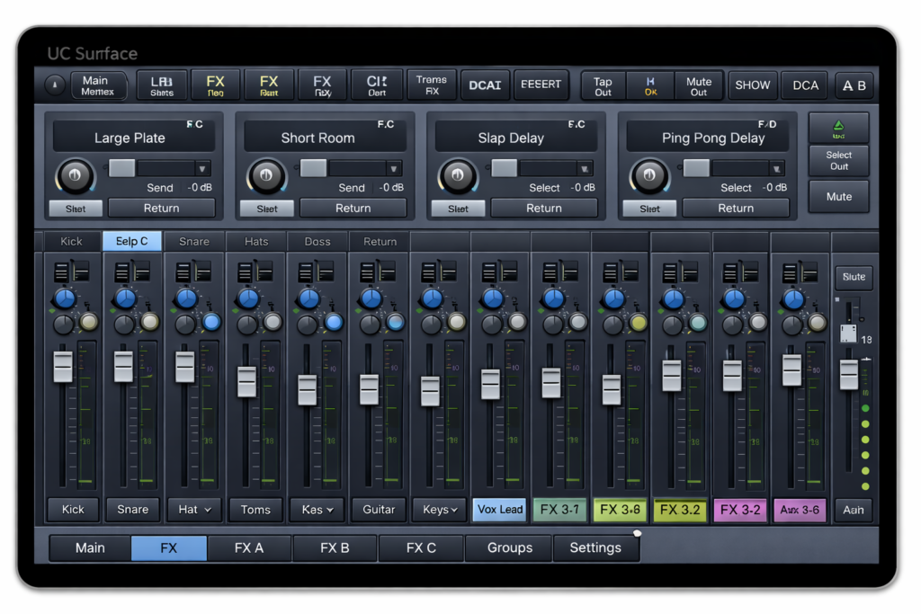 UC Surface interface showing FX routing for PreSonus StudioLive RML16AI vocal effects