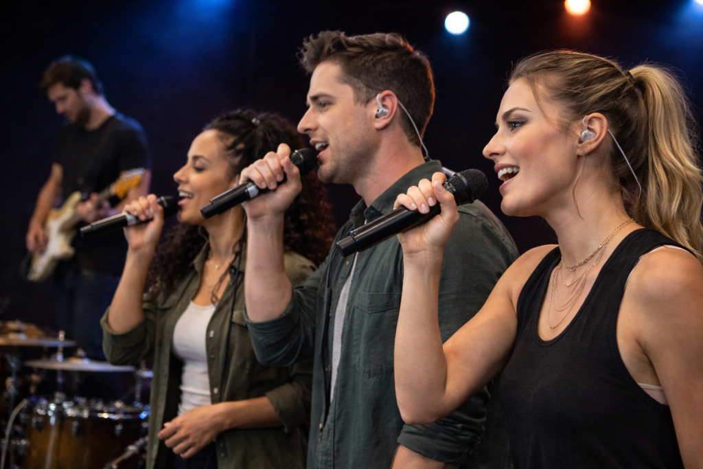 live band with three singers performing while using in-ear monitors mixed through a PreSonus StudioLive digital mixer
