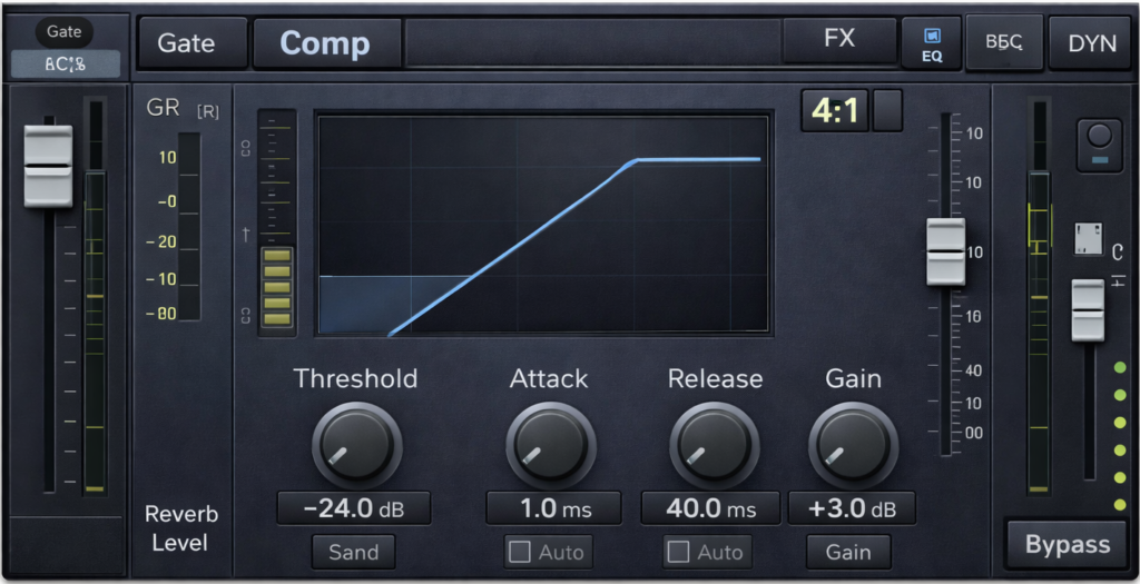 PreSonus StudioLive Fat Channel compressor settings configured for lead vocal in-ear monitor mixing