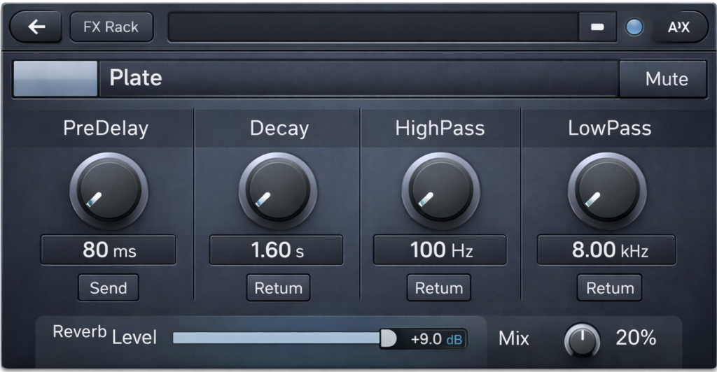 plate reverb vocal effect settings on PreSonus StudioLive mixer for clear in-ear monitor vocals