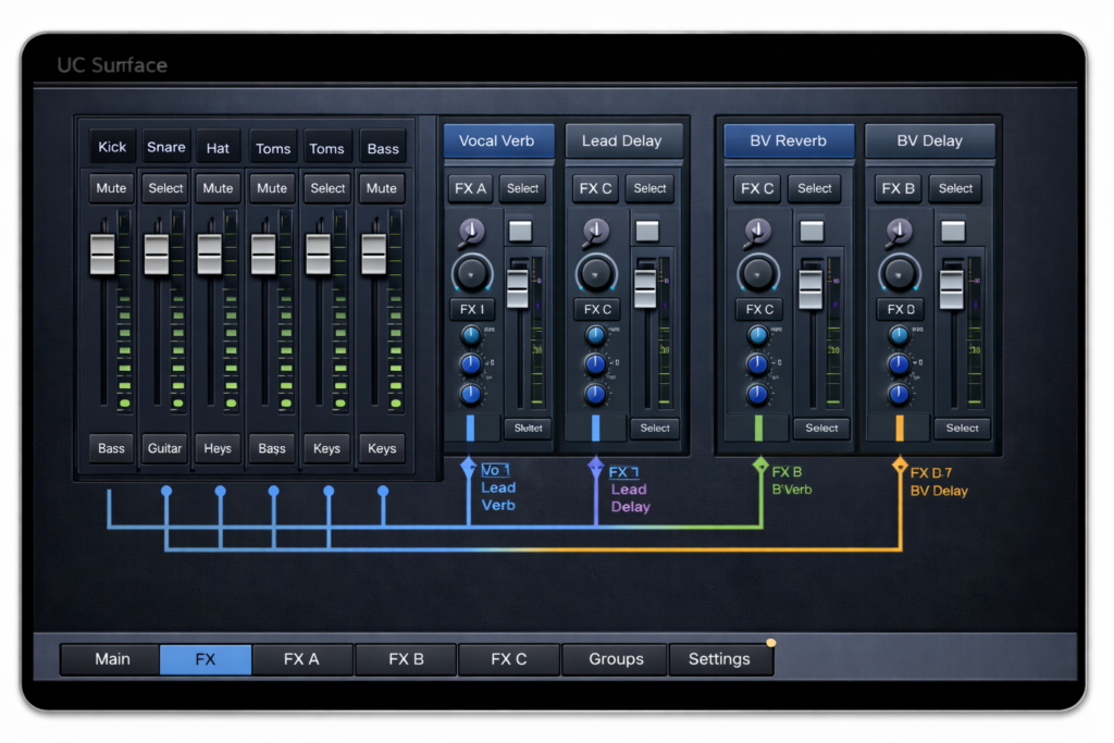 PreSonus StudioLive RML16AI vocal effects routing diagram for multiple singers during in-ear monitor mixing