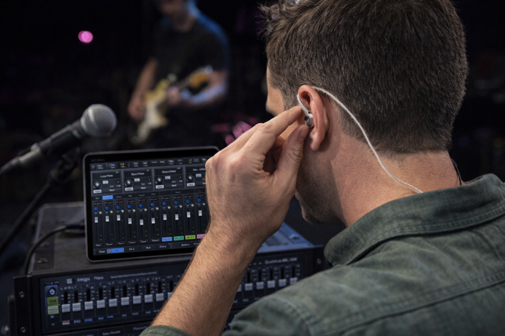 musician adjusting in-ear monitors for comfortable stage monitoring during live band performance